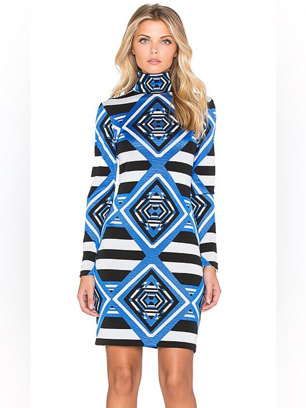 Mara Hoffman Blue Geometric Turtleneck Long Sleeve Dress